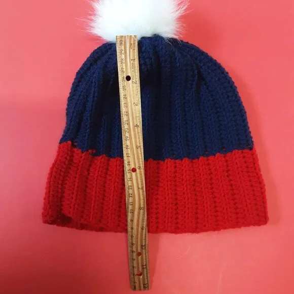 Winter Pom-Pom Beanie - Navy Red & White Football Fan Hat - 100% Acrylic New - Picture 6 of 6